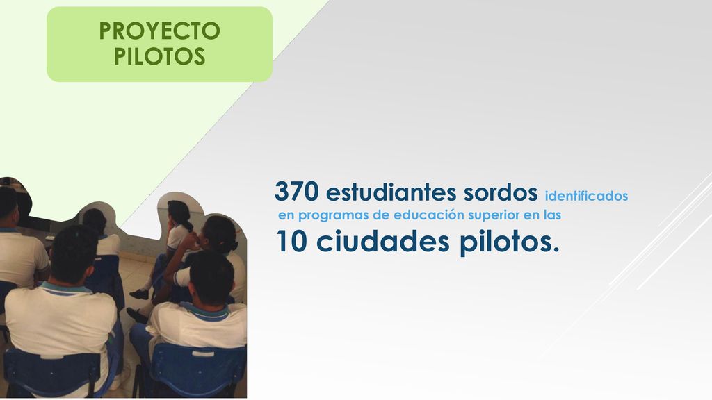 PROYECTO PILOTOS 370 estudiantes sordos identificados en programas de educación superior en las 10 ciudades pilotos.