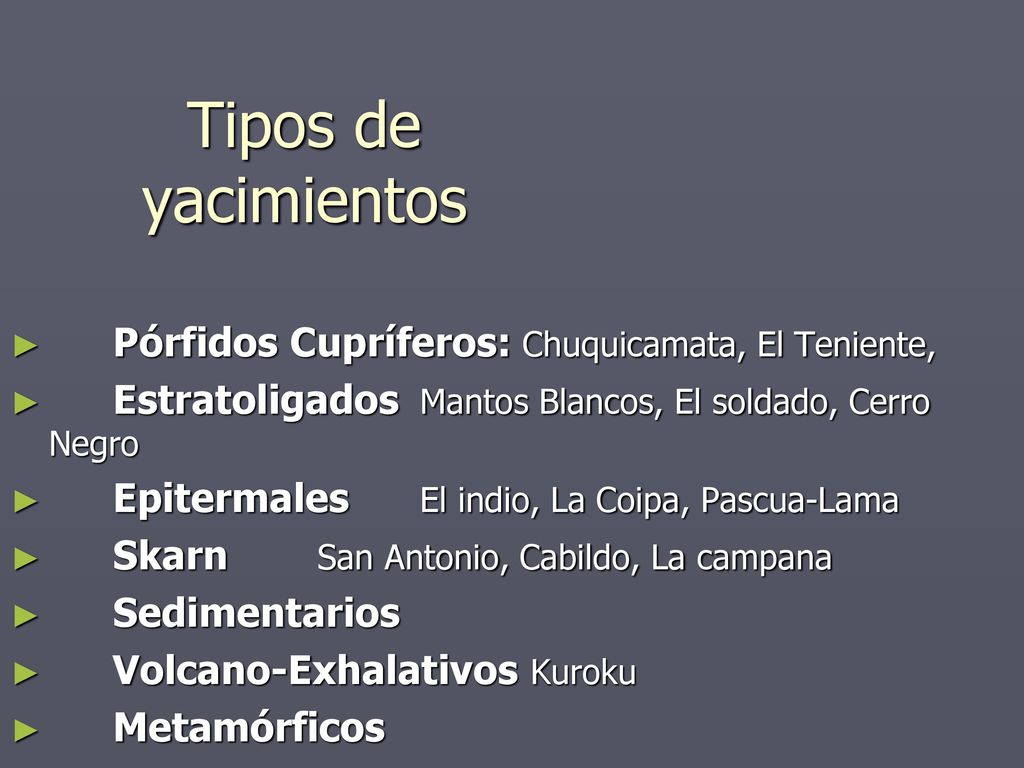 Tipos de yacimientos Pórfidos Cupríferos: Chuquicamata, El Teniente,