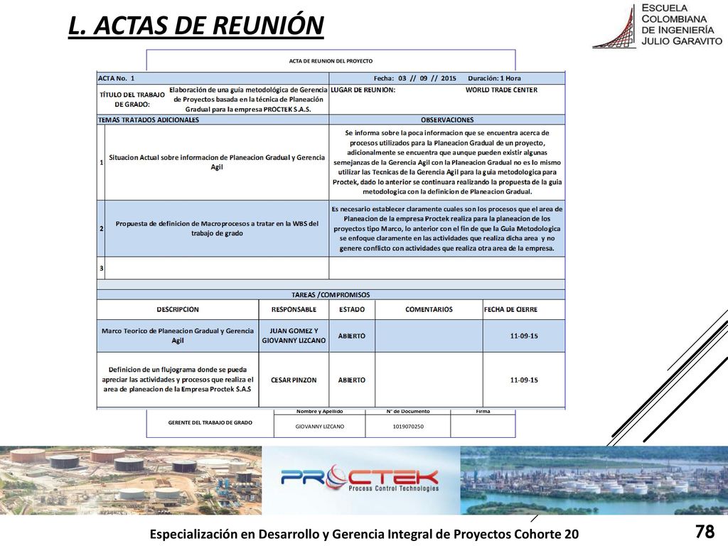 l. ACTAS DE REUNIÓN 78 Especialización en Desarrollo y Gerencia Integral de Proyectos Cohorte 20