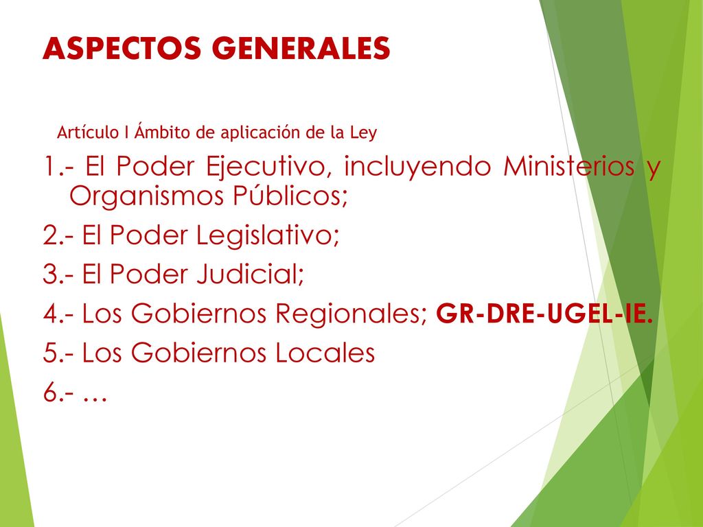 ASPECTOS GENERALES Artículo I Ámbito de aplicación de la Ley. 1.- El Poder Ejecutivo, incluyendo Ministerios y Organismos Públicos;