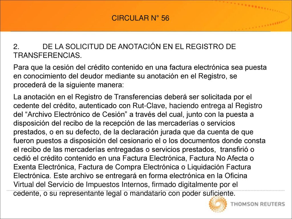 CIRCULAR N° DE LA SOLICITUD DE ANOTACIÓN EN EL REGISTRO DE TRANSFERENCIAS.