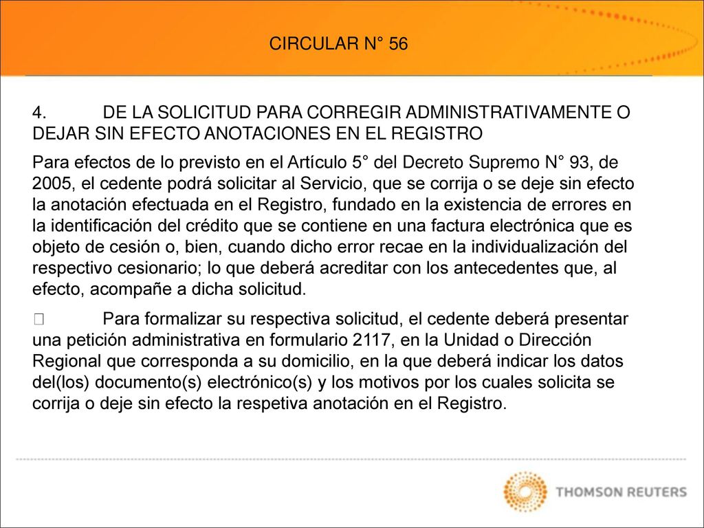 CIRCULAR N° DE LA SOLICITUD PARA CORREGIR ADMINISTRATIVAMENTE O DEJAR SIN EFECTO ANOTACIONES EN EL REGISTRO.