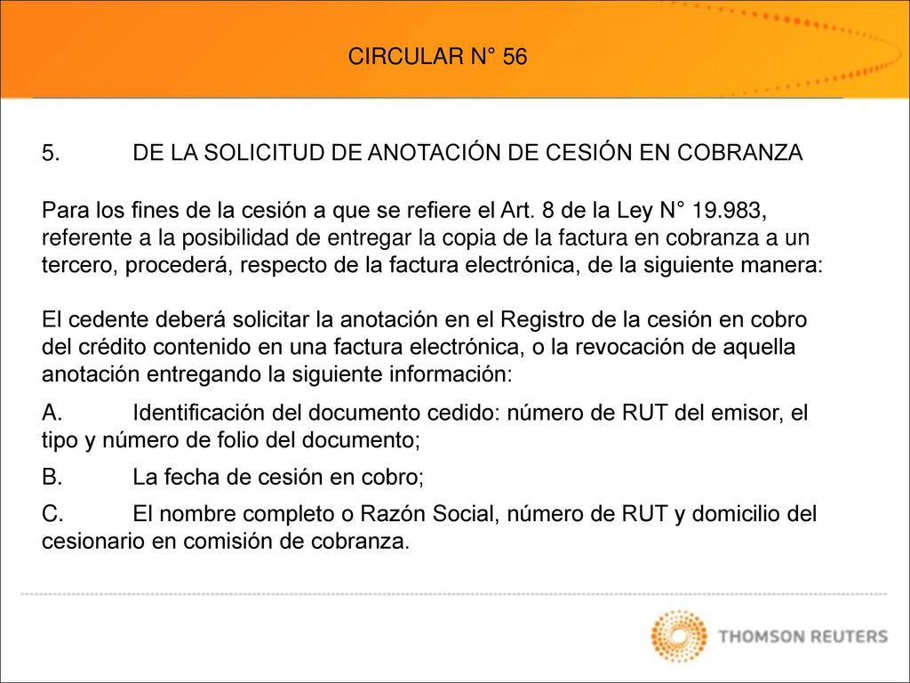 CIRCULAR N° DE LA SOLICITUD DE ANOTACIÓN DE CESIÓN EN COBRANZA.