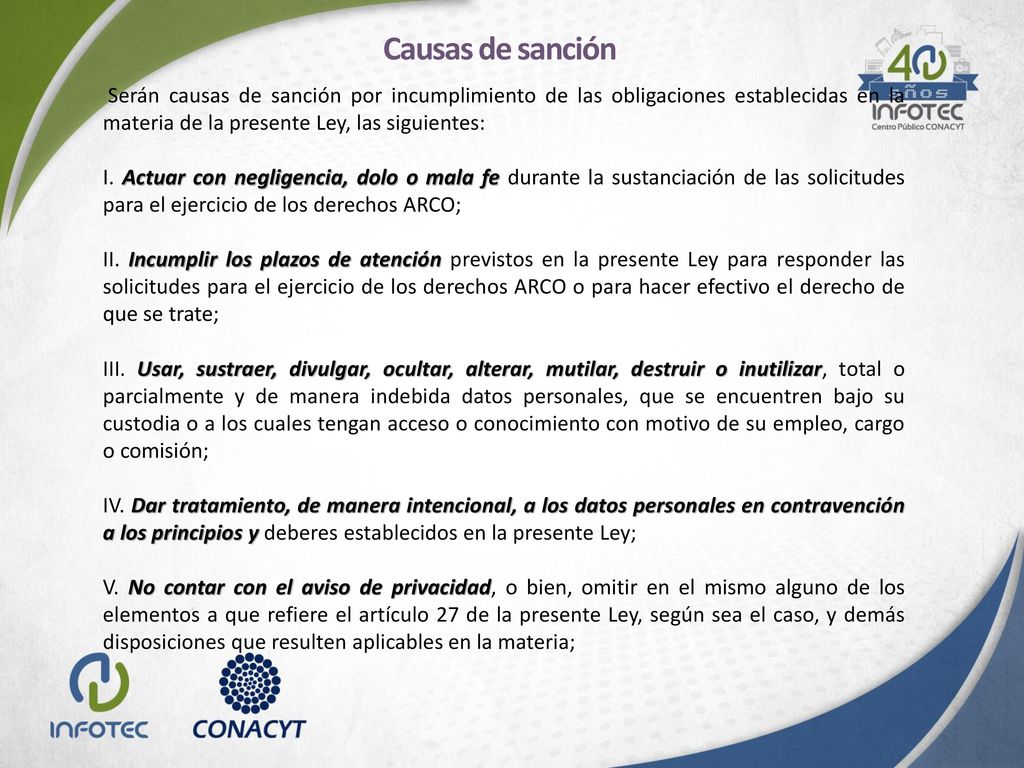 Causas de sanción Serán causas de sanción por incumplimiento de las obligaciones establecidas en la materia de la presente Ley, las siguientes: