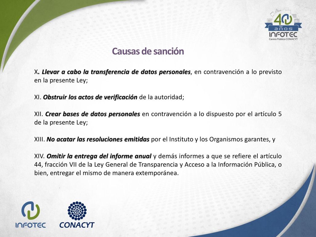 Causas de sanción X. Llevar a cabo la transferencia de datos personales, en contravención a lo previsto en la presente Ley;