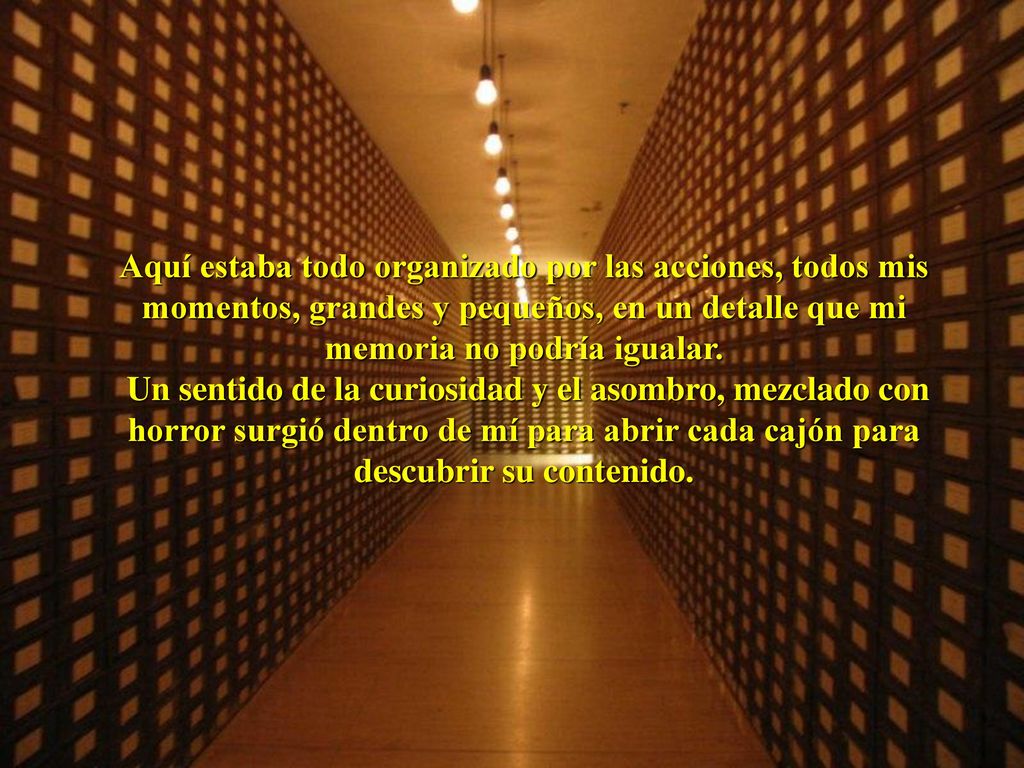 Aquí estaba todo organizado por las acciones, todos mis momentos, grandes y pequeños, en un detalle que mi memoria no podría igualar.