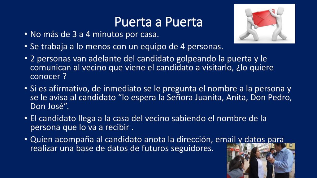 Puerta a Puerta No más de 3 a 4 minutos por casa.