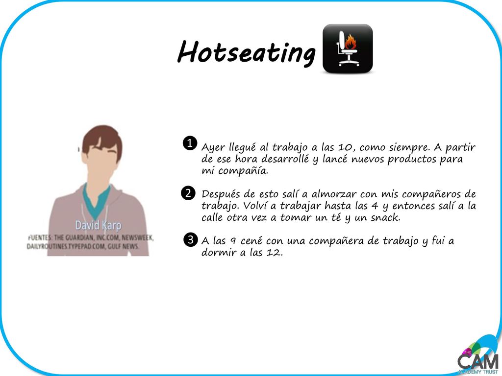 Hotseating Ayer llegué al trabajo a las 10, como siempre. A partir de ese hora desarrollé y lancé nuevos productos para mi compañía.