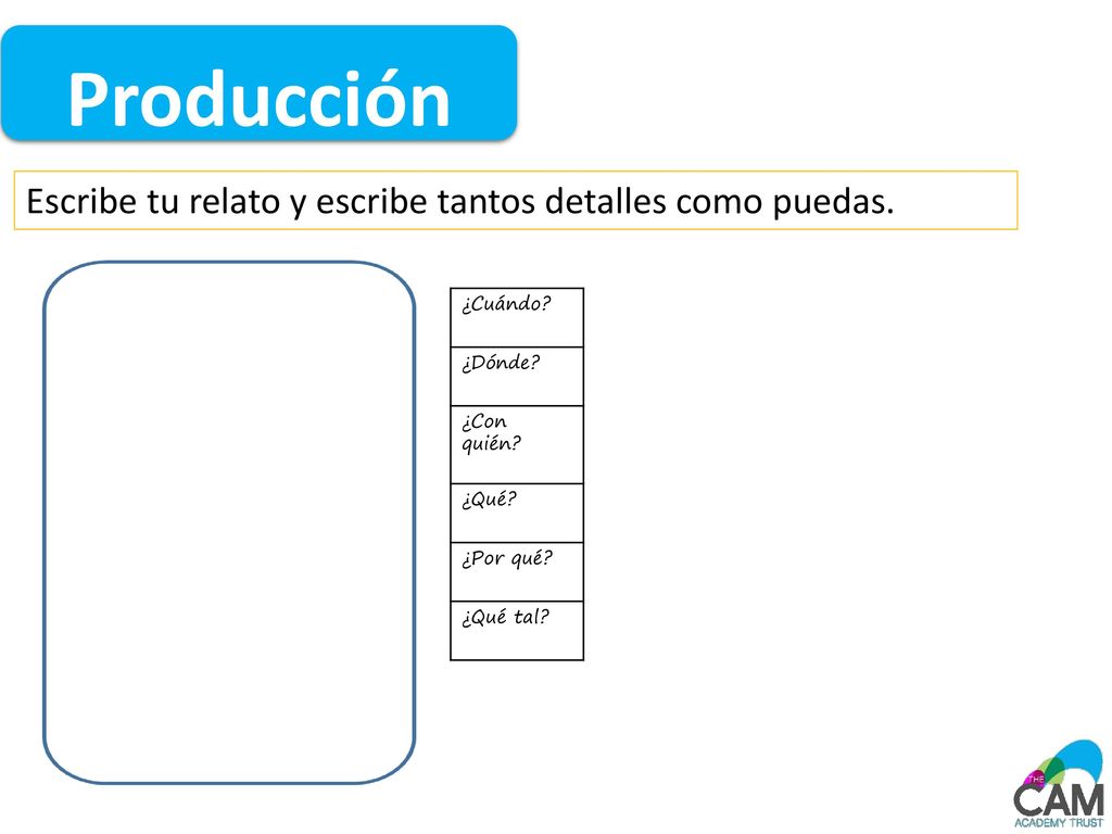 Producción Escribe tu relato y escribe tantos detalles como puedas.
