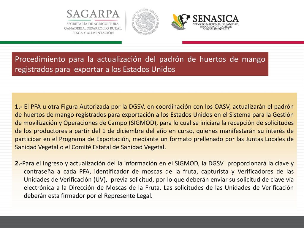 Procedimiento para la actualización del padrón de huertos de mango registrados para exportar a los Estados Unidos