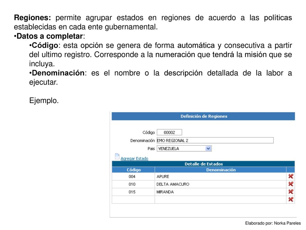 Regiones: permite agrupar estados en regiones de acuerdo a las políticas establecidas en cada ente gubernamental.