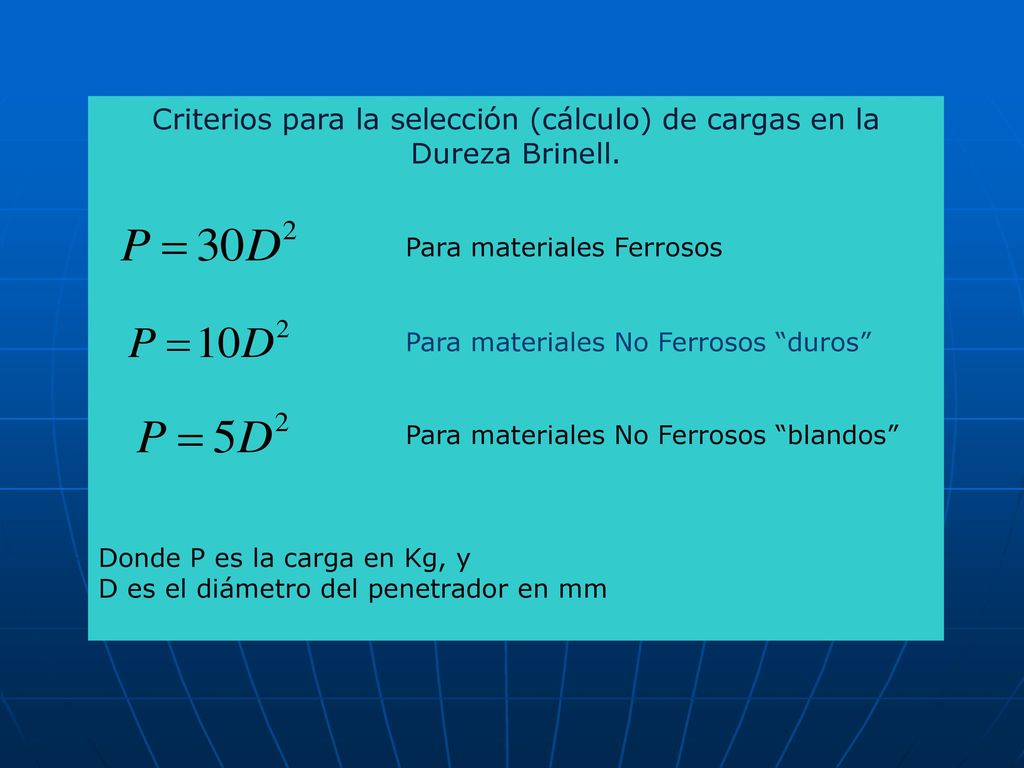 Criterios para la selección (cálculo) de cargas en la Dureza Brinell.