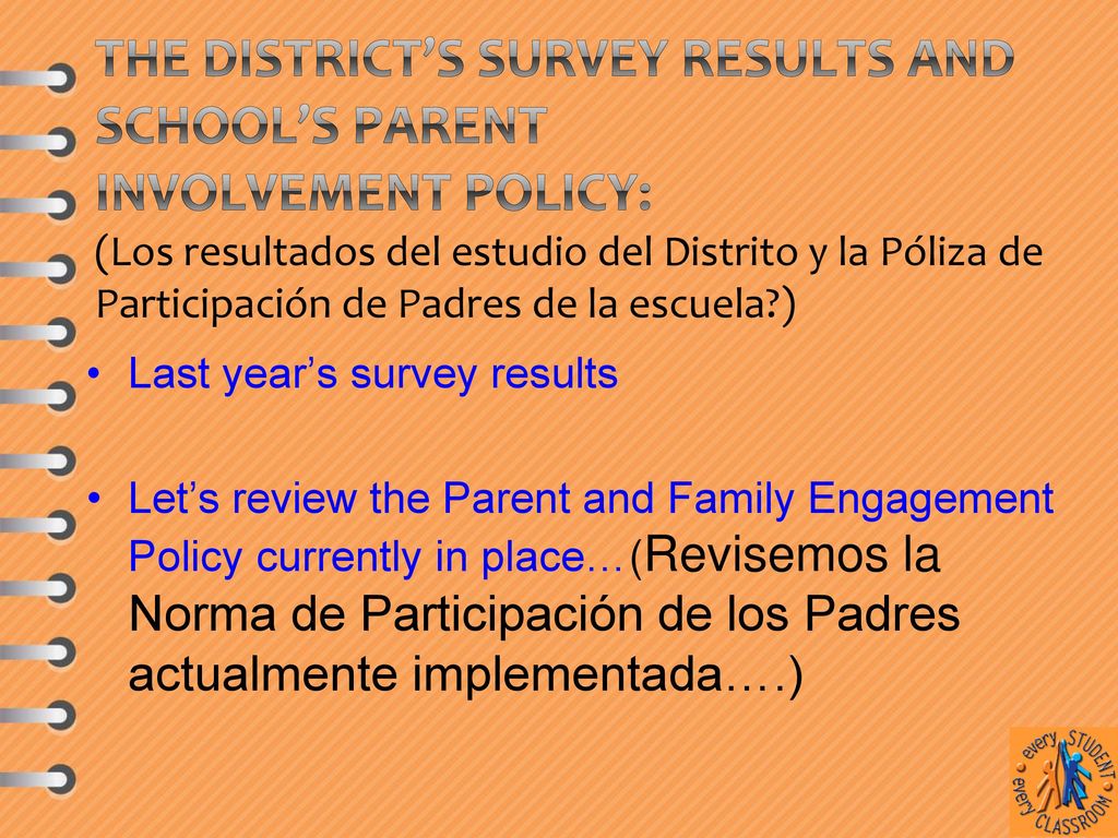The District’s Survey results and School’s Parent Involvement Policy: (Los resultados del estudio del Distrito y la Póliza de Participación de Padres de la escuela )