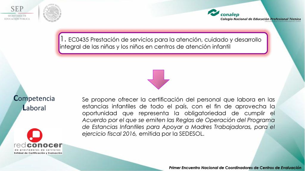 1. EC0435 Prestación de servicios para la atención, cuidado y desarrollo integral de las niñas y los niños en centros de atención infantil