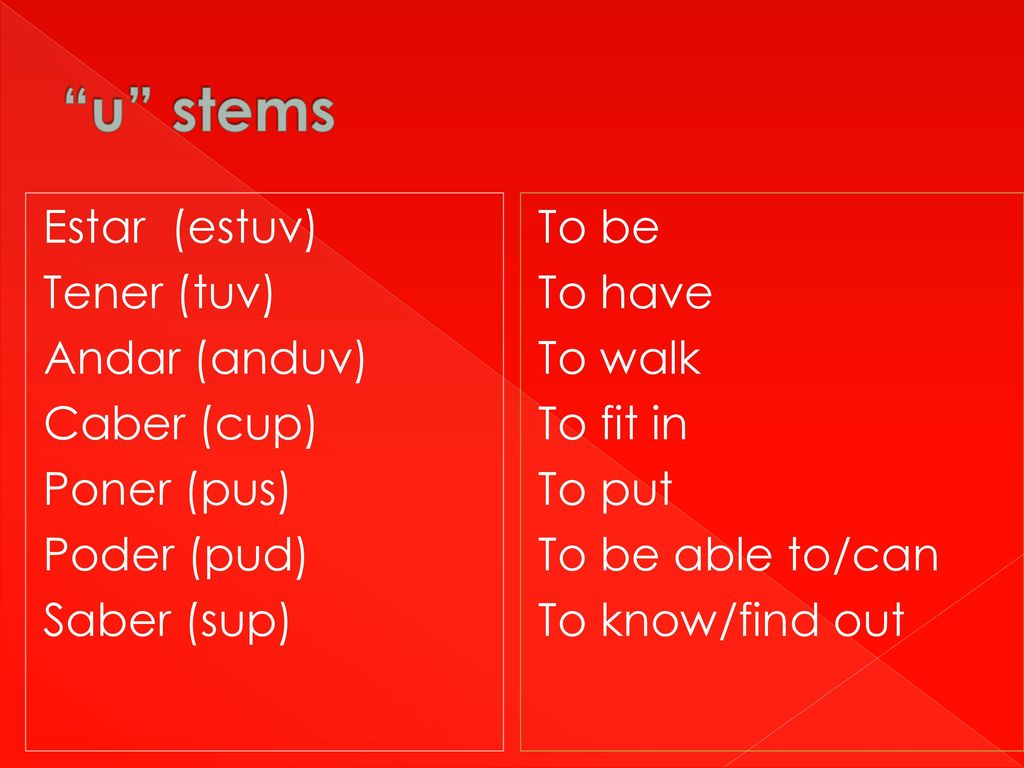 u stems Estar (estuv) Tener (tuv) Andar (anduv) Caber (cup) Poner (pus) Poder (pud) Saber (sup)