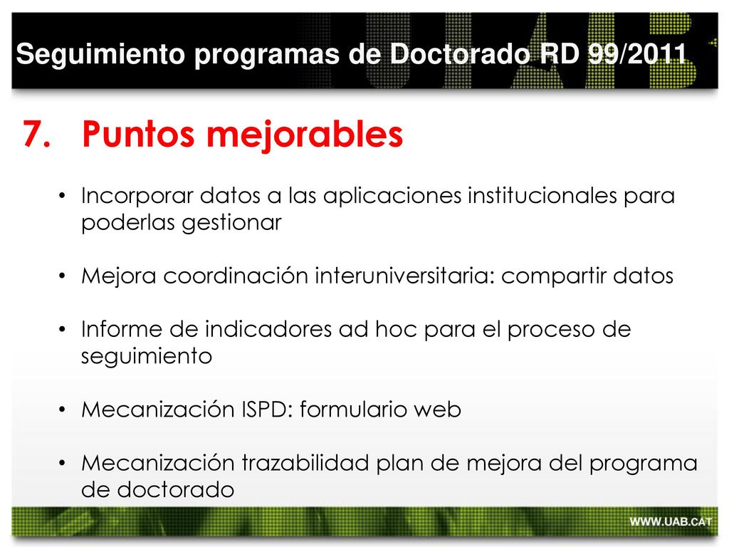 Puntos mejorables Seguimiento programas de Doctorado RD 99/2011