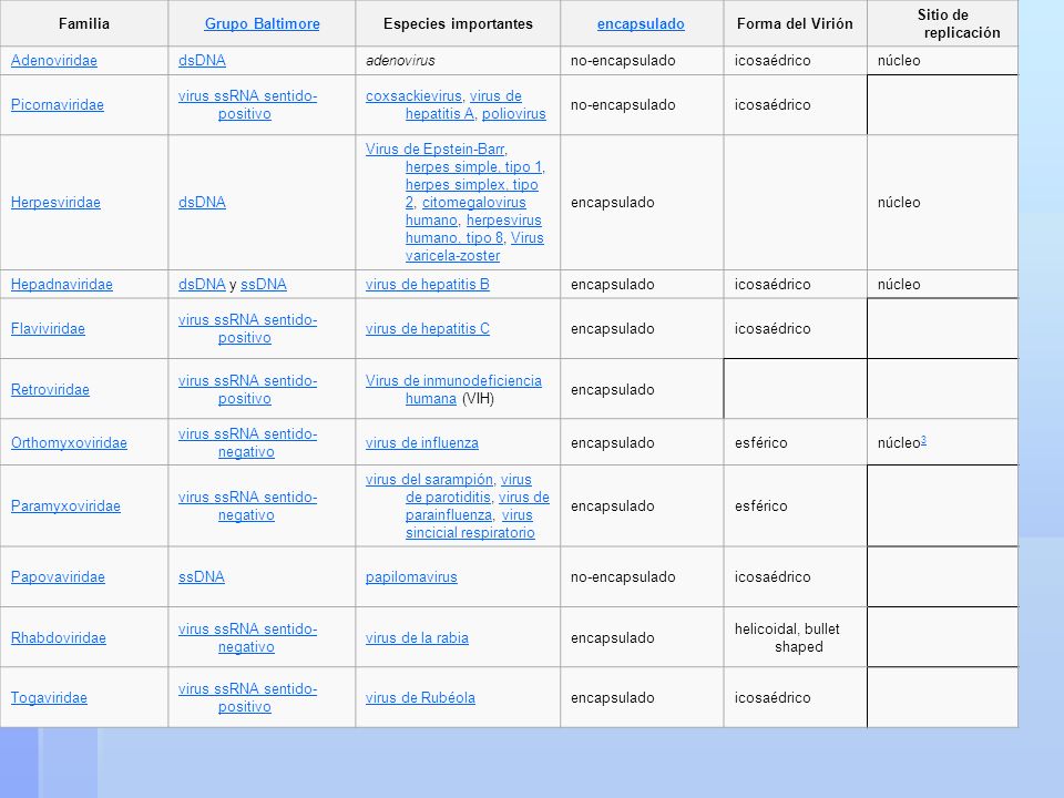 Familia Grupo Baltimore. Especies importantes. encapsulado. Forma del Virión. Sitio de replicación.