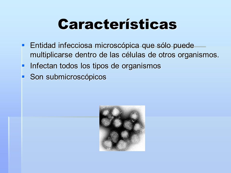 Características Entidad infecciosa microscópica que sólo puede multiplicarse dentro de las células de otros organismos.