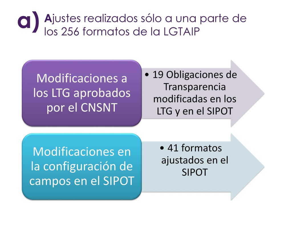 a) Ajustes realizados sólo a una parte de los 256 formatos de la LGTAIP. Modificaciones a los LTG aprobados por el CNSNT.