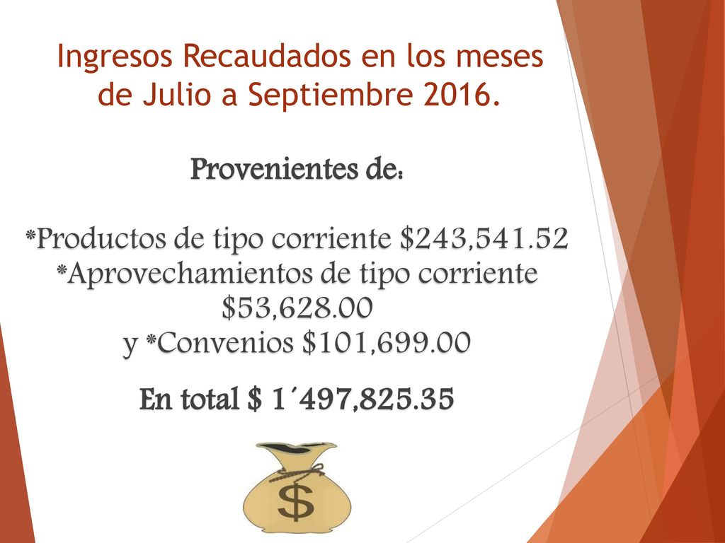 Ingresos Recaudados en los meses de Julio a Septiembre 2016.