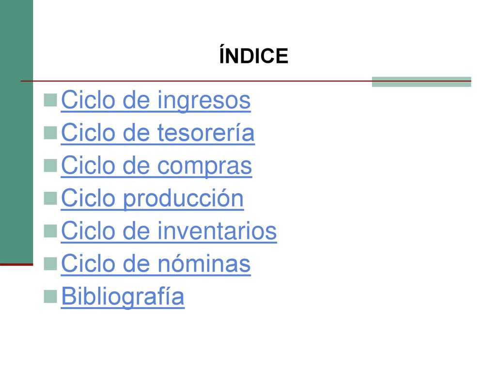 Ciclo de ingresos Ciclo de tesorería Ciclo de compras Ciclo producción