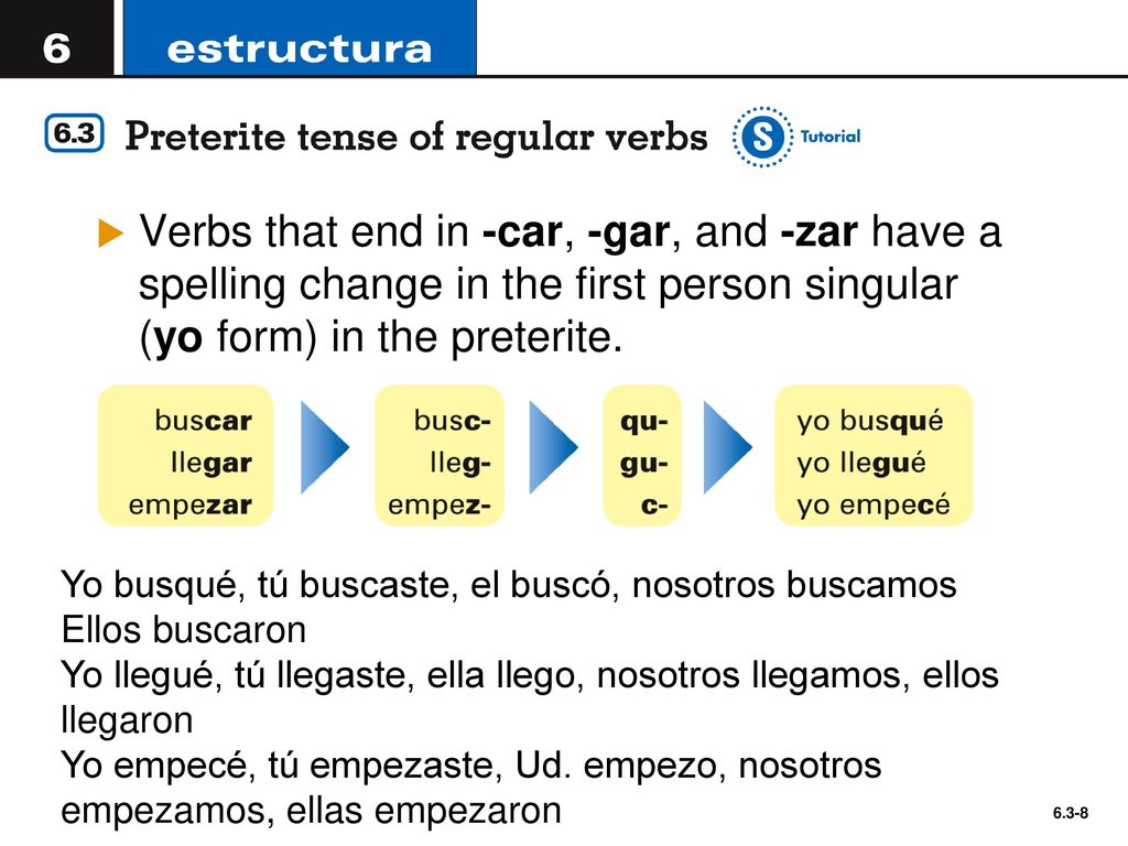 Verbs that end in -car, -gar, and -zar have a spelling change in the first person singular (yo form) in the preterite.