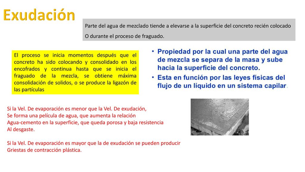 Exudación Parte del agua de mezclado tiende a elevarse a la superficie del concreto recién colocado.