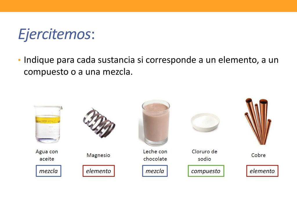 Ejercitemos: Indique para cada sustancia si corresponde a un elemento, a un compuesto o a una mezcla.