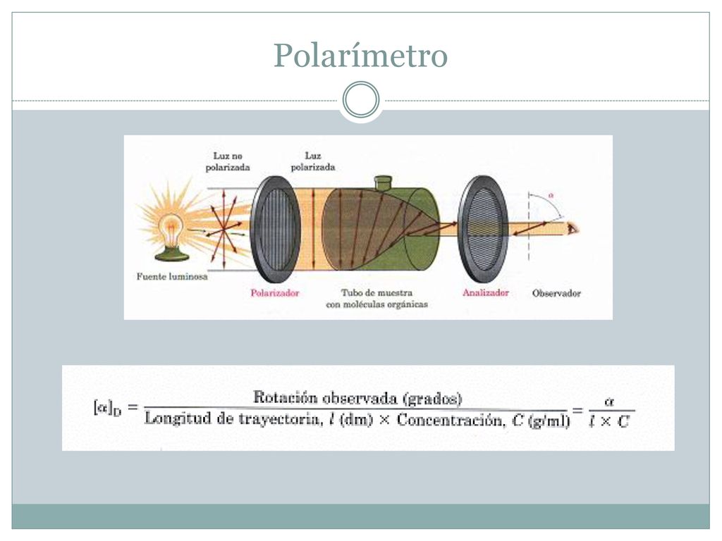 Polarímetro Se puede medir la cantidad de rotacion con un instrumento llamado polarimetro.