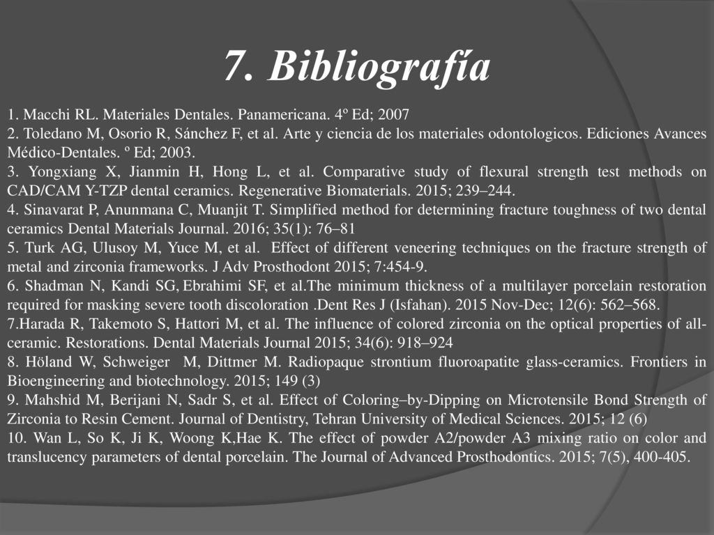 7. Bibliografía 1. Macchi RL. Materiales Dentales. Panamericana. 4º Ed;