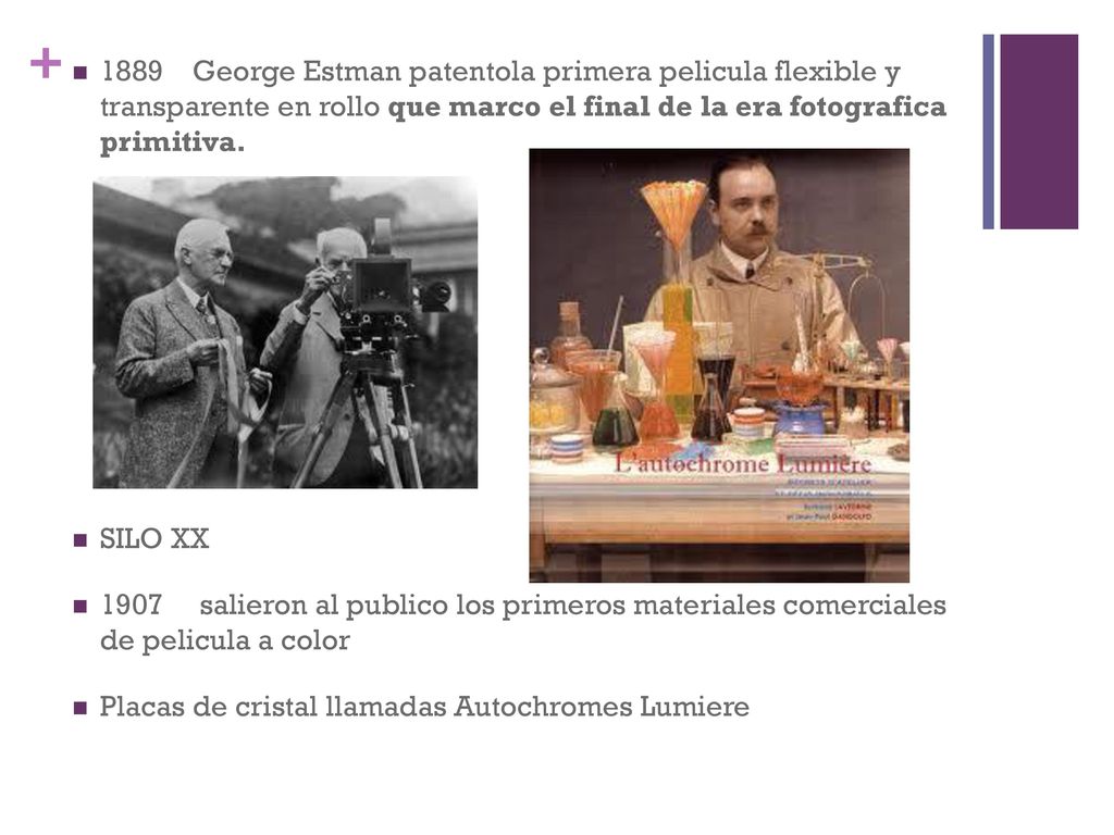 1889 George Estman patentola primera pelicula flexible y transparente en rollo que marco el final de la era fotografica primitiva.