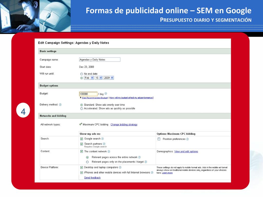 Formas de publicidad online – SEM en Google Presupuesto diario y segmentación