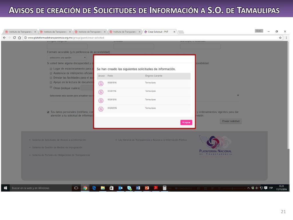 Avisos de creación de Solicitudes de Información a S.O. de Tamaulipas