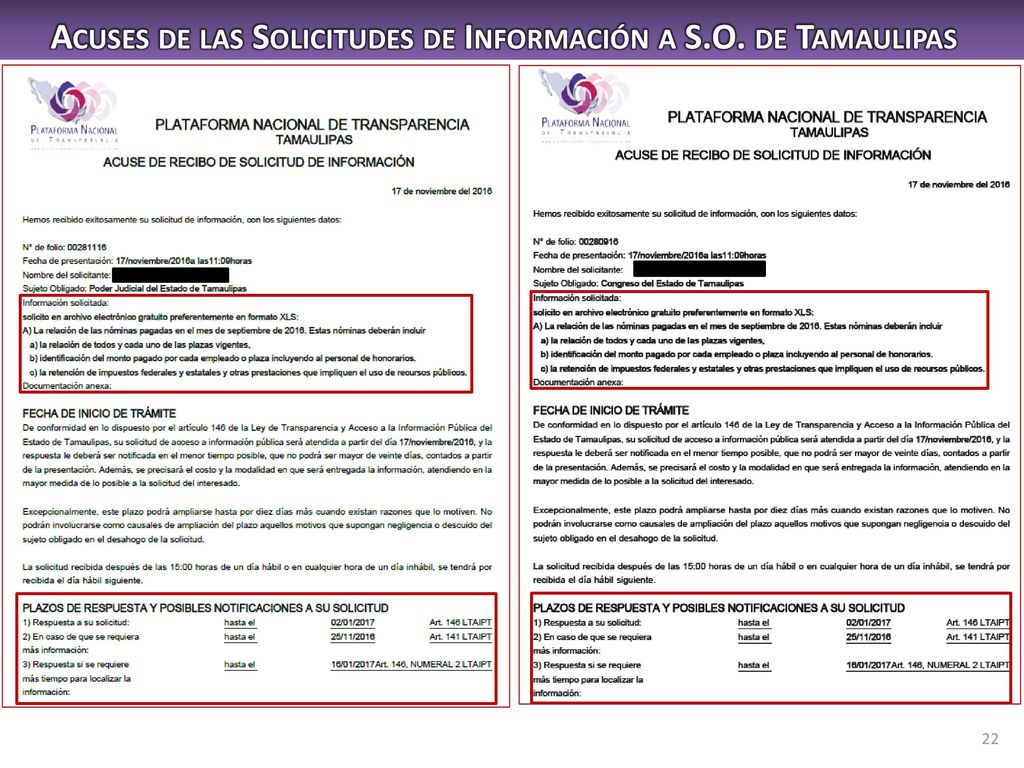 Acuses de las Solicitudes de Información a S.O. de Tamaulipas