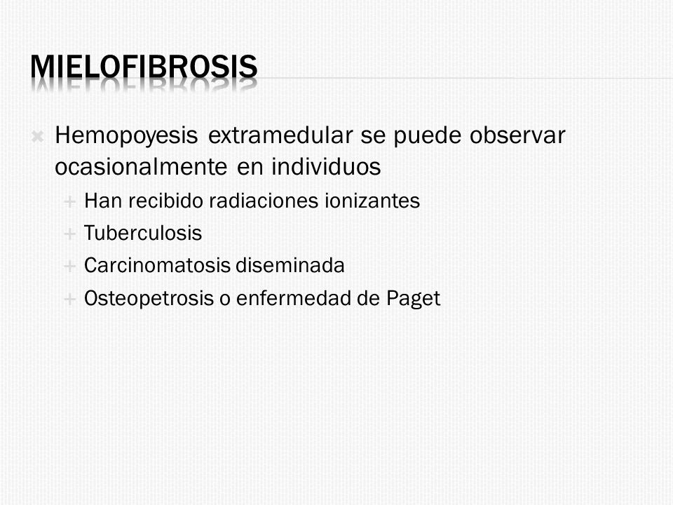 Mielofibrosis Hemopoyesis extramedular se puede observar ocasionalmente en individuos. Han recibido radiaciones ionizantes.