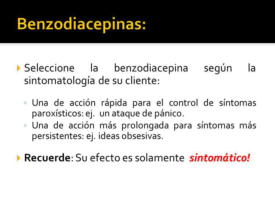 Benzodiacepinas: Seleccione la benzodiacepina según la sintomatología de su cliente: