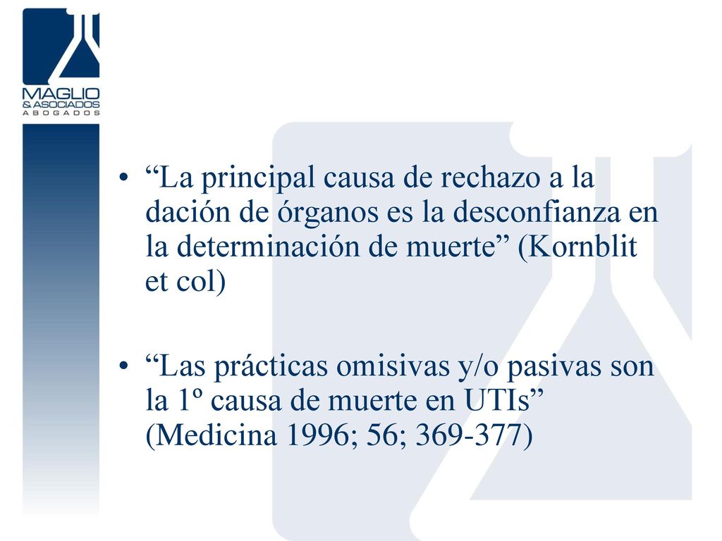 La principal causa de rechazo a la dación de órganos es la desconfianza en la determinación de muerte (Kornblit et col)