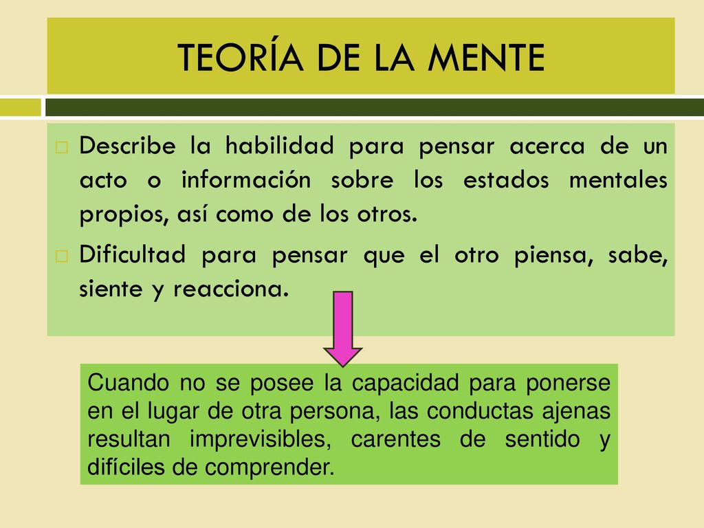 TEORÍA DE LA MENTE Describe la habilidad para pensar acerca de un acto o información sobre los estados mentales propios, así como de los otros.
