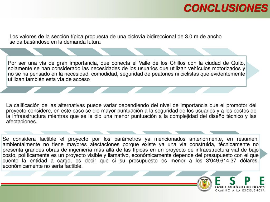 CONCLUSIONES Los valores de la sección típica propuesta de una ciclovía bidireccional de 3.0 m de ancho se da basándose en la demanda futura.