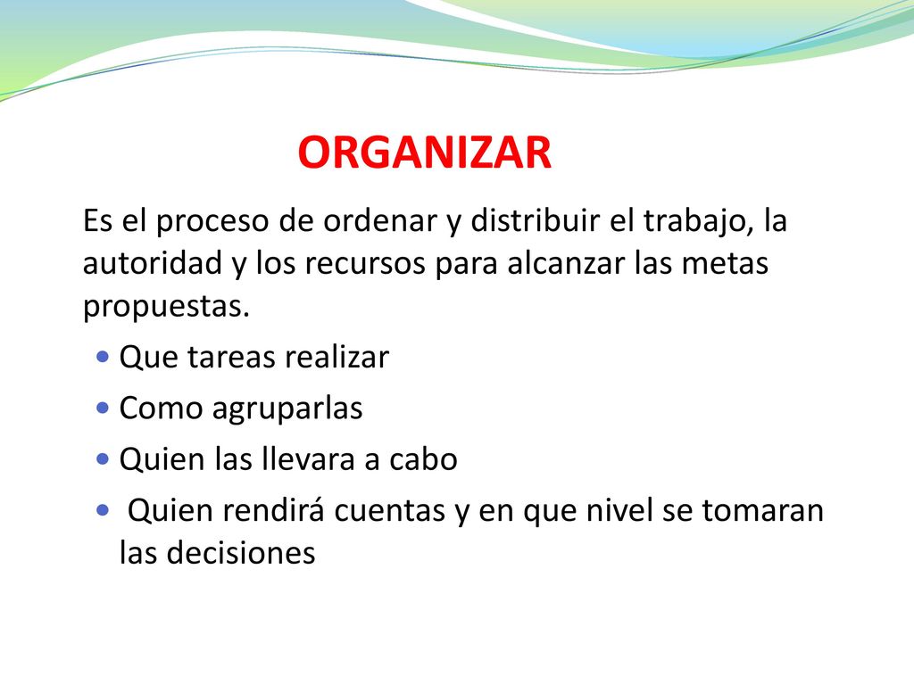 ORGANIZAR Que tareas realizar Como agruparlas Quien las llevara a cabo