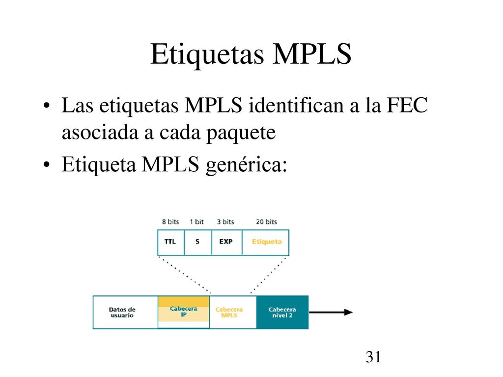 Etiquetas MPLS Las etiquetas MPLS identifican a la FEC asociada a cada paquete.