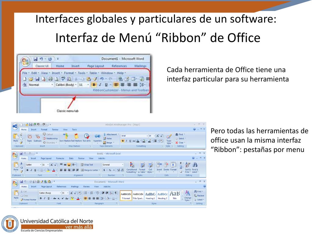 Interfaces globales y particulares de un software: Interfaz de Menú Ribbon de Office