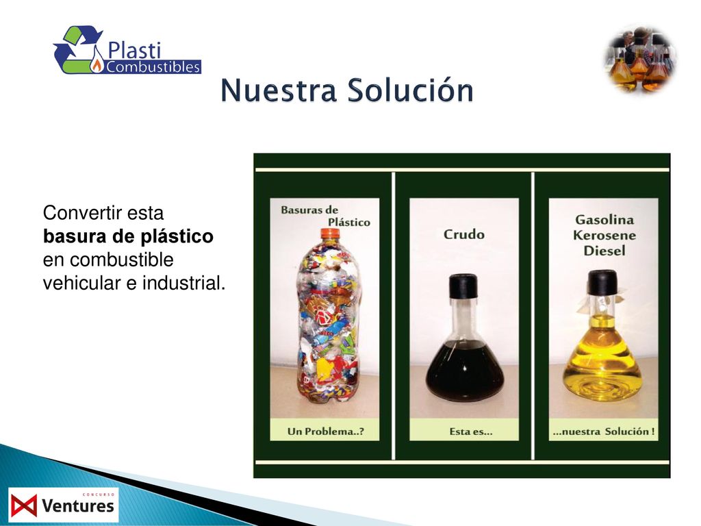 Nuestra Solución Convertir esta basura de plástico en combustible vehicular e industrial.