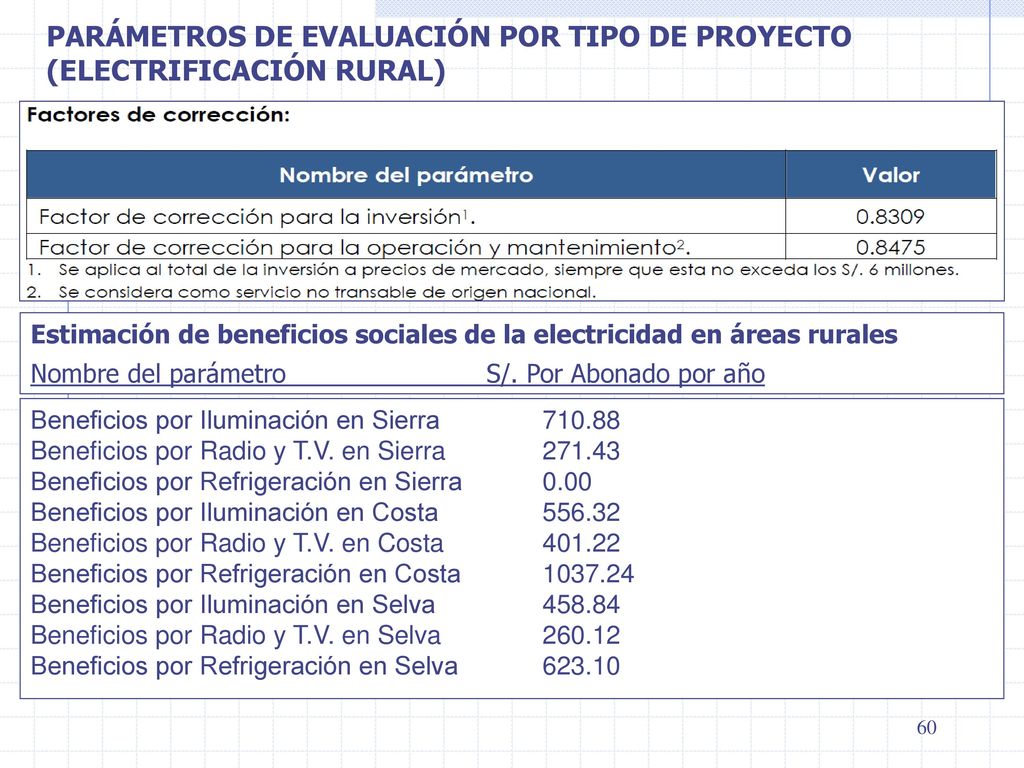 PARÁMETROS DE EVALUACIÓN POR TIPO DE PROYECTO (ELECTRIFICACIÓN RURAL)