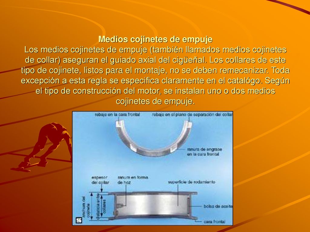 Medios cojinetes de empuje Los medios cojinetes de empuje (también llamados medios cojinetes de collar) aseguran el guiado axial del cigüeñal.