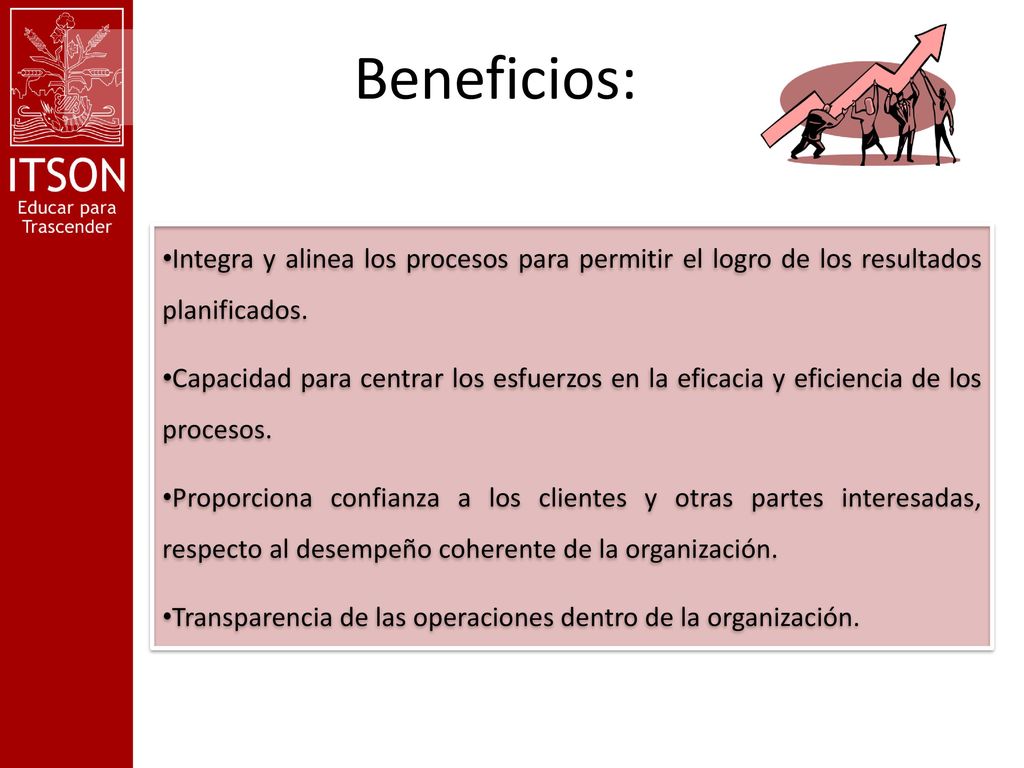 Beneficios: Integra y alinea los procesos para permitir el logro de los resultados planificados.
