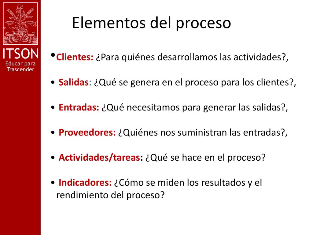 Elementos del proceso Clientes: ¿Para quiénes desarrollamos las actividades , Salidas: ¿Qué se genera en el proceso para los clientes ,