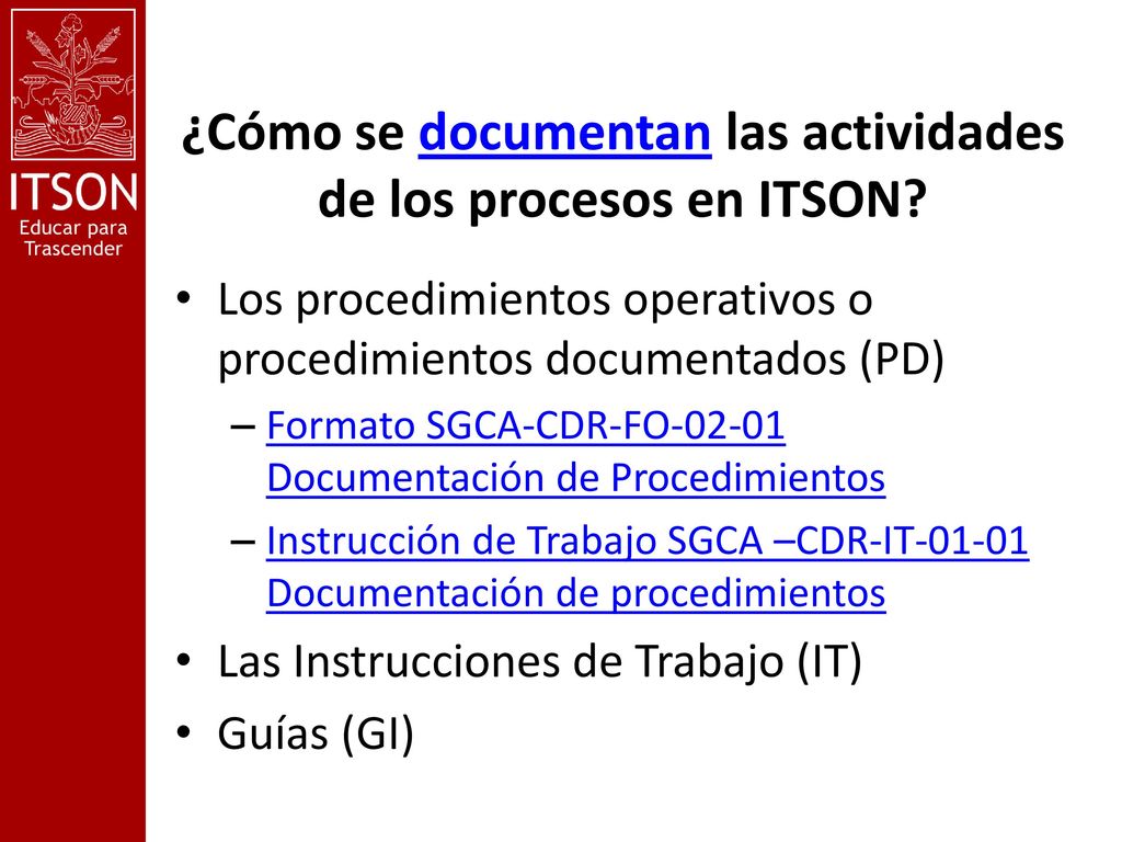 ¿Cómo se documentan las actividades de los procesos en ITSON
