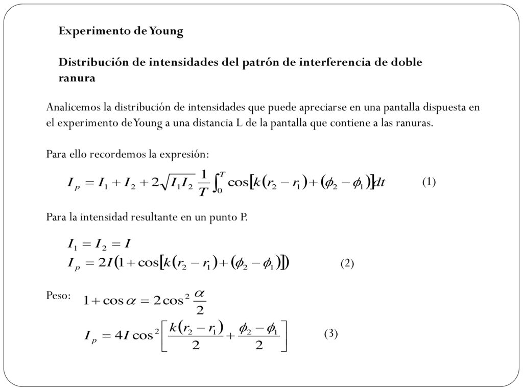 Experimento de Young Distribución de intensidades del patrón de interferencia de doble ranura.