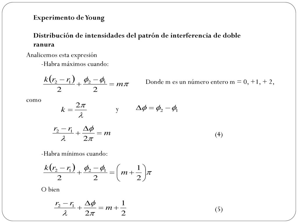 Experimento de Young Distribución de intensidades del patrón de interferencia de doble ranura. Analicemos esta expresión.